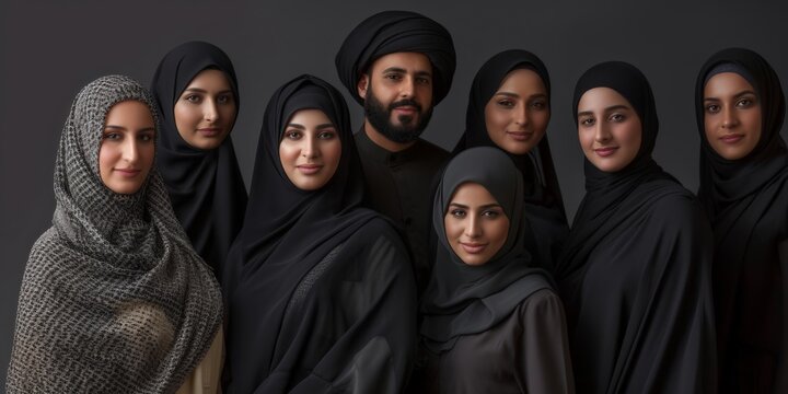 Beautiful arab middle-eastern women with traditional abaya dress and middle easter man wearing kandora in studio - Group of arabic muslim adults portrait in Dubai, United Arab Emirates