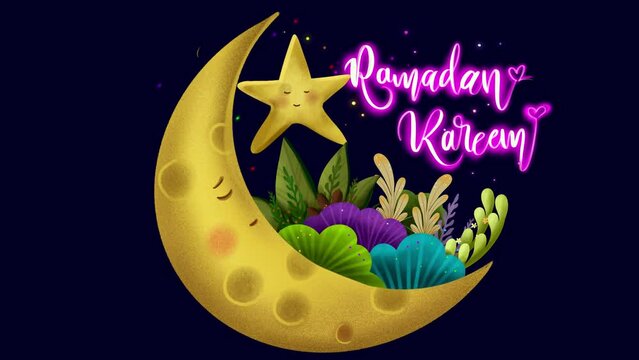 cute animated clip of the moon and stars in a dark sky accompanied by flowers and the text "Ramadan Kareem" 