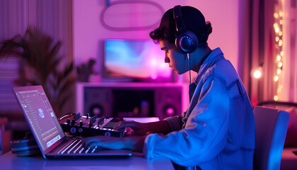 DJ wearing headphones playing electronic music at home