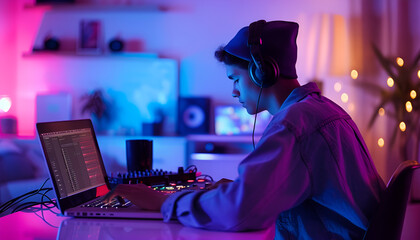 DJ wearing headphones playing electronic music at home