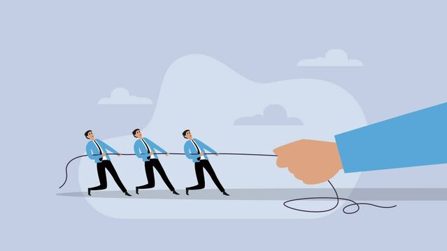 Group of businessman pulling a rope against with a giant hand