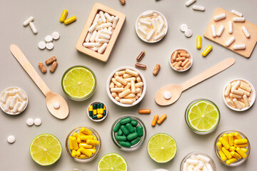 Big amount of colored capsules of vitamins, minerals and dietary supplements, lime as a source of natural vitamins from above on a light grey background. Happy and healthy lifestyle.