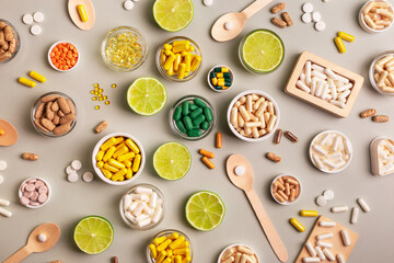 Big amount of colored capsules of vitamins, minerals and dietary supplements, lime as a source of natural vitamins from above on a light grey background. Happy and healthy lifestyle. - obrazy, fototapety, plakaty