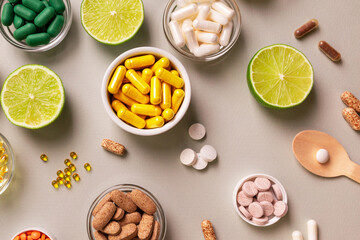Vitamins in pill form and natural vitamins in foods such as lime. Colored tablets and pills, meds...