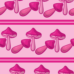 Doodle pink mushrooms seamless pattern in horizontal rows with stripes