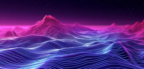 Fotobehang Virtual reality landscape in ultraviolet with glowing carmine and Aegean blue lines, evoking digital waves © Naseem