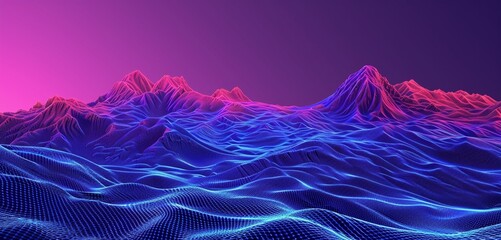 Virtual reality landscape in ultraviolet with glowing carmine and Aegean blue lines, evoking digital waves