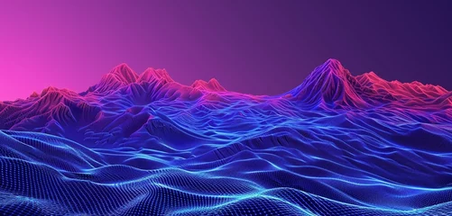 Rolgordijnen Virtual reality landscape in ultraviolet with glowing carmine and Aegean blue lines, evoking digital waves © Naseem