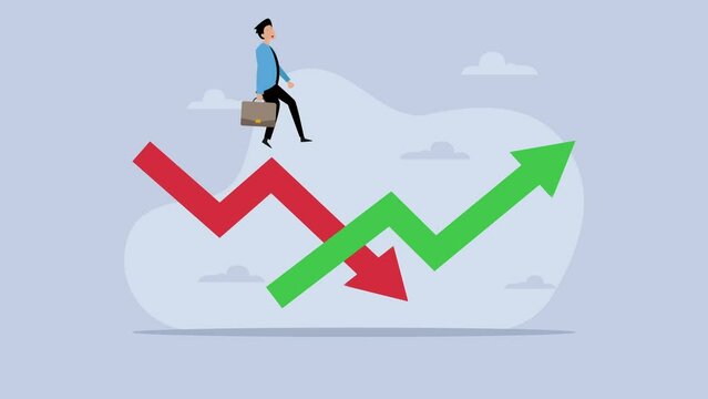 Businessman running on down and up arrows animation cartoon