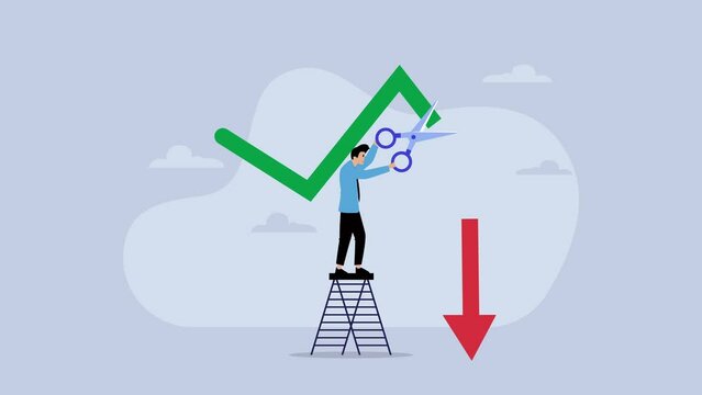 Businessman on a ladder cuts down arrow with a scissor
