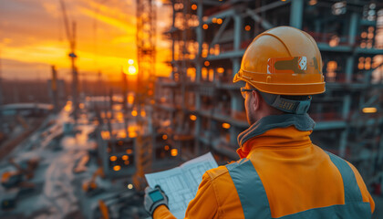 Construction worker in hard hats holding blueprint and checking plans against the backdrop of a stunning sunset over an active building site. - obrazy, fototapety, plakaty