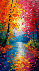 Autumn landscape with bright colorful leaves. Illustration oil painting.