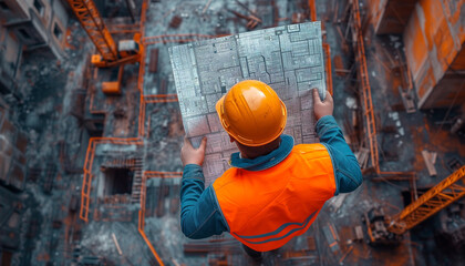 A focused engineer man in a high-visibility orange jacket and safety helmet examines construction blueprints at a busy construction site.