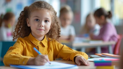 Child pays attention to her school work in class, she is drawing in a colouring book and sitting next to her teacher. Girl participating in an elementary school class.