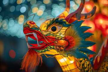 Colorful bright glowing dragon head and Lantern during the Chinese new year parade. Lantern festival