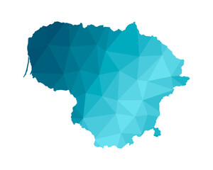 Vector isolated illustration icon with simplified blue silhouette of Lithuania map. Polygonal geometric style, triangular shapes. White background.