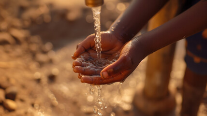 Water in the hand of an african child. Water shortage and world water day concept