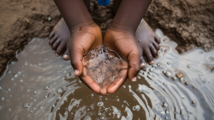 Water in the hand of an african child. Water shortage and world water day concept