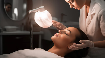 In the professional setting of her office, a female cosmetologist provides personalized facial treatment to her patient