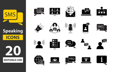 Speaking icon set black fill. Communication icons collection. Containing discussion, speech bubble, talking and  consultation. Speak icons Pixel perfect. Mobile, message, support, ....