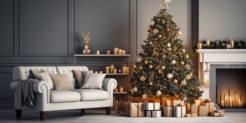 Festive living room with a beautiful Christmas tree, decorations, and comfortable seating.