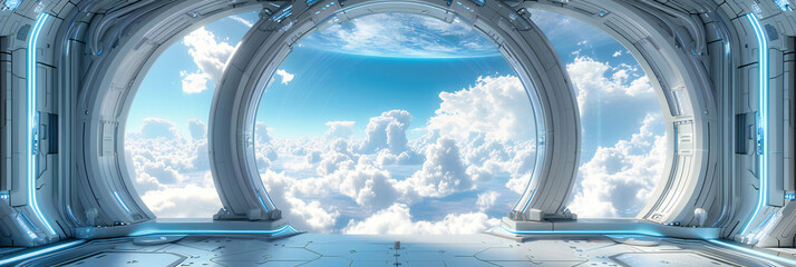Blue Sky and Clouds from Airplane Window: Travel and Aviation Concept with Aerial View of Horizon