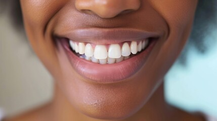 Obraz premium Cropped shot of a young African smiling woman. Teeth whitening. Dentistry, dental treatment.