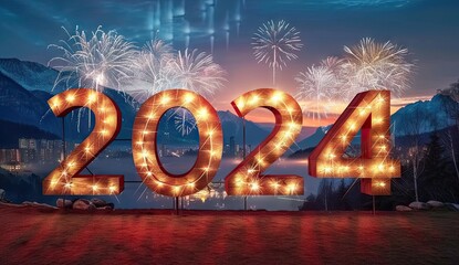 Happy 2024 celebration with bright fireworks and glittering lights. New Year festival with colorful sparkles and golden banner design. Festive backdrop for holiday parties featuring shiny
