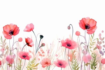 Watercolor poppy border with horizontal floral background. Pink abstract flowers with leaves on white. Botanical illustration for cards, wedding design. Generative AI