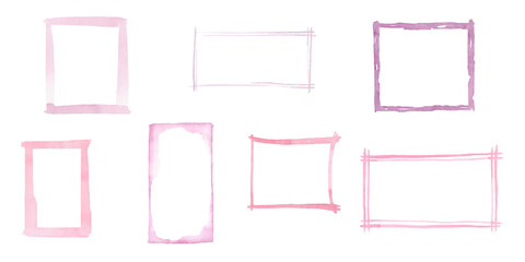 A set of pink watercolor frames isolated on a white background, hand-drawn. A decorative element for a holiday, valentines, greetings, design, decoration. The texture of watercolor on paper.
