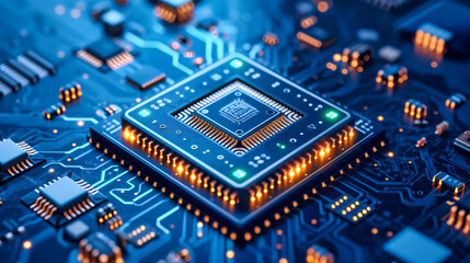 Advanced Processor and Hardware Technology: Blue Microchip and Circuit Board Design, Perfect for Computing and Engineering - obrazy, fototapety, plakaty