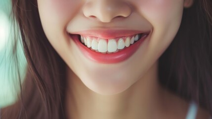 Obraz premium Cropped shot of a young Asian smiling woman. Teeth whitening. Dentistry, dental treatment.