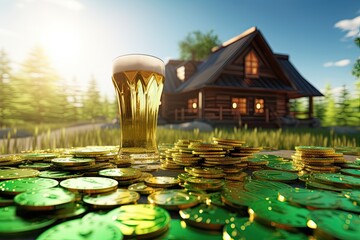 A Pile of Gold Coins next to a Glass of Beer