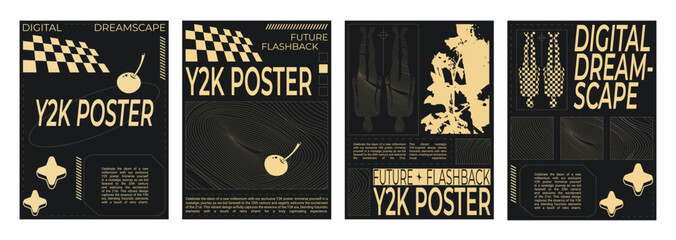 Retrowave aesthetic flyers set. Vector realistic illustration of y2k vibe posters with yellow cherry, human body, star icons on black background, retro futuristic art banners, data frames collage