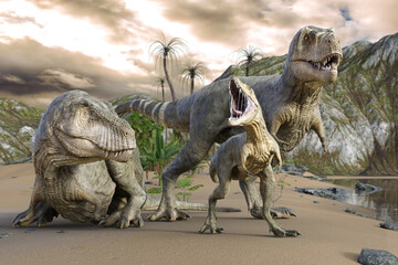 ティラノサウルスの親子が水飲み場に来ている