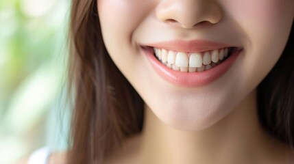 Obraz premium Cropped shot of a young Asian smiling woman. Teeth whitening. Dentistry, dental treatment.
