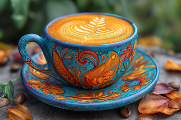 A beautiful blue and orange ceramic coffee cup with a latte inside it