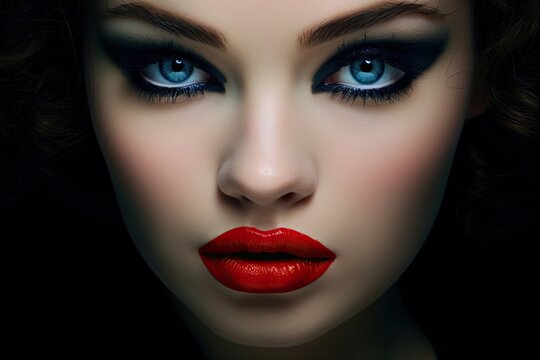 Compelling images of a girl’s expressive eyes and vibrant red lips