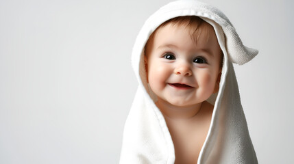 Cute adorable baby with towel on head. copy text space