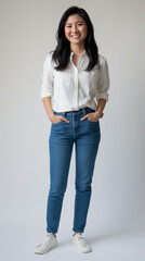 Asian woman wearing a white shirt, blue jeans and sneakers from the armani brand standing smiling looking into the camera. Generative AI. W004