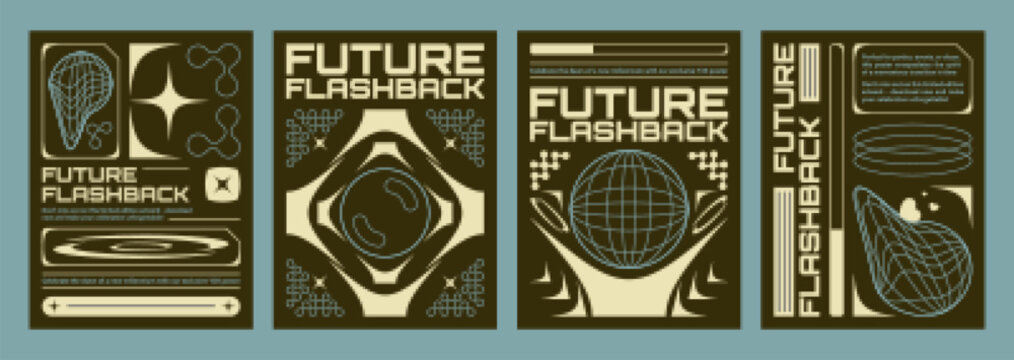Retro futuristic vibe flyers set. Vector realistic illustration of y2k aesthetic techno banners, retrowave style poster with yellow wireframe globe, abstract geometric lines on black background