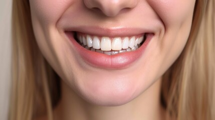 Fototapeta premium Cropped shot of a young Caucasian smiling woman. Teeth whitening. Dentistry, dental treatment.