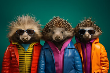 Gang family of porcupine in vibrant bright fashionable outfits, commercial, editorial advertisement, surreal surrealism. Group shot.	
