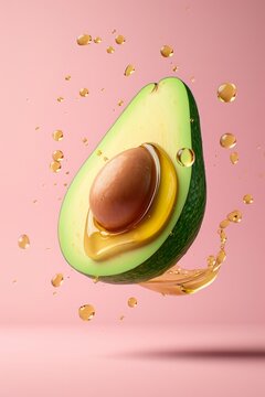half an avocado in levitation and oil bibbles near, pastel pink background, copy space