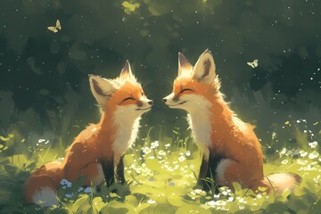 foxes with their mates - obrazy, fototapety, plakaty