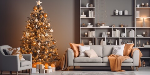 Charming living room adorned with a festive tree and trendy decor.