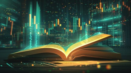 A digital illustration of an open book on a desk, with glowing charts and graphs about stock trading emerging from the pages The room is dimly lit, highlighting the book's luminosity and the in
