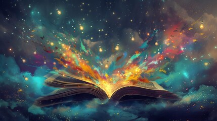 An illustration of a colorful open book in a fantasy setting, myriad of small lightbulbs emerging and creating a constellation-like pattern in the sky Created Using vibrant colors, whimsical st