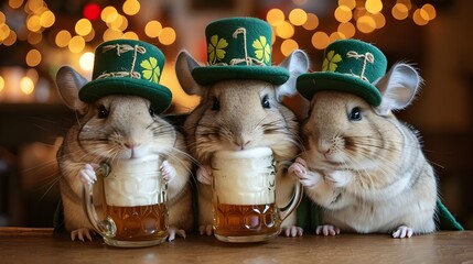 Funny mouse drinking beer at pub, adorable cute chinchillas in St. Patrick's Day costume, pet animal wealthy life joke message greeting card for festive season - obrazy, fototapety, plakaty