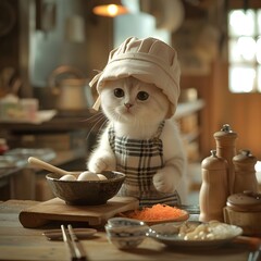 Funny cat cook cooking in the kitchen, Scottish Fold kitten wearing apron chef's hat, cooking. Anthropomorphic portrait of a pet animal cat. - obrazy, fototapety, plakaty